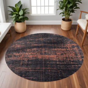 8' Black and Gold Round Abstract Non Skid Area Rug