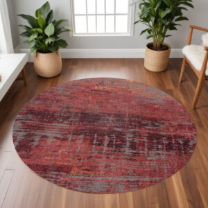 8' Red and Gray Round Abstract Non Skid Area Rug