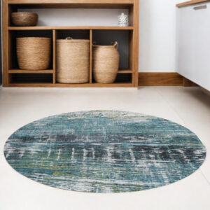 5' Blue and Green Round Abstract Non Skid Area Rug