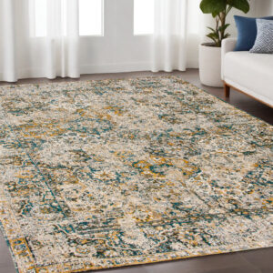 5' X 7' Blue and Green Abstract Non Skid Area Rug