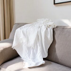 47" X 60" White Cotton Woven Turkish Towel Throw Blanket with Fringe