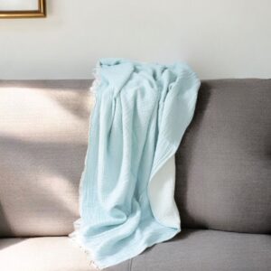 47" X 60" Aqua Cotton Woven Turkish Towel Throw Blanket with Fringe