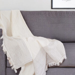 47" X 60" Beige and Ivory Cotton Woven Striped Throw Blanket with Fringe