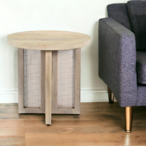 22" Natural Solid Wood And Rattan Round End Table
