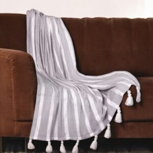 50" X 60" Gray and White Woven Cotton Striped Throw Blanket with Tassels