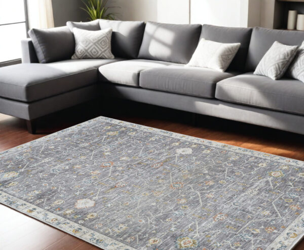 9' X 12' Gray and Ivory Floral Area Rug