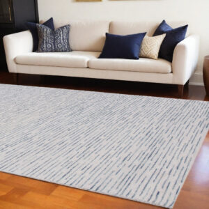 10' X 14' Ivory and Blue Wool Striped Hand Tufted Area Rug