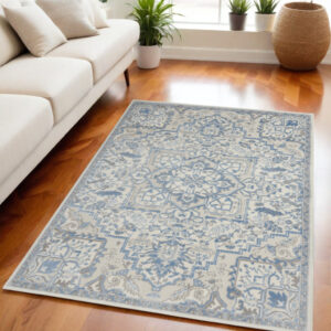 5' X 7' Ivory Blue and Gray Floral Non Skid Area Rug