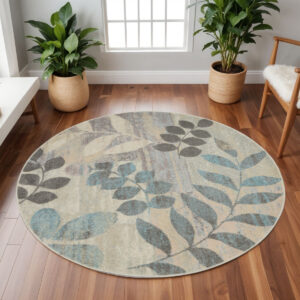 8' Ivory Gray And Blue Botanical Leaves Round Rug