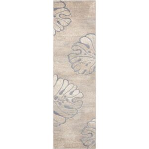 8' Beige and Gray Floral Non Skid Runner Rug