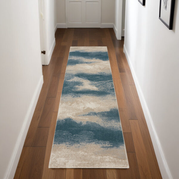 8' Teal and Ivory Abstract Non Skid Runner Rug