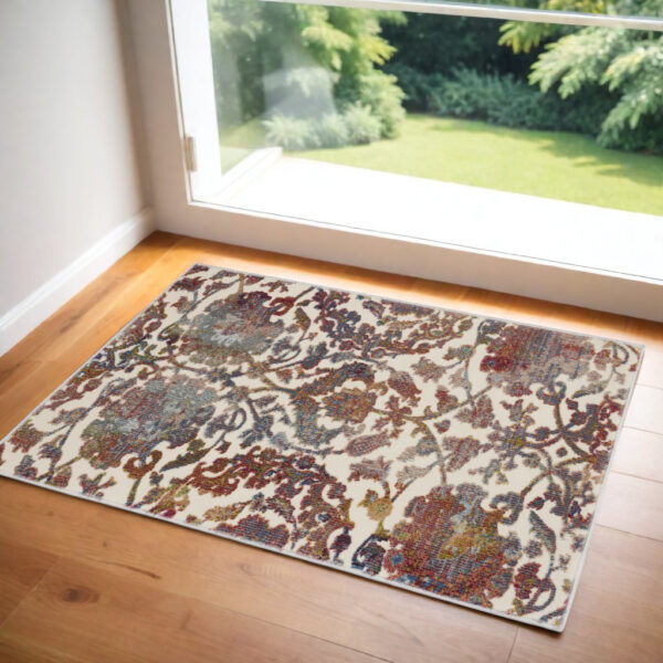 2' X 4' White and Golden Brown Floral Distressed Non Skid Area Rug