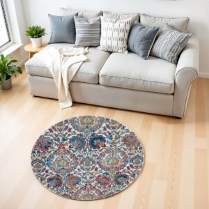 4' Ivory Blue and Yellow Floral Distressed Non Skid Round Rug