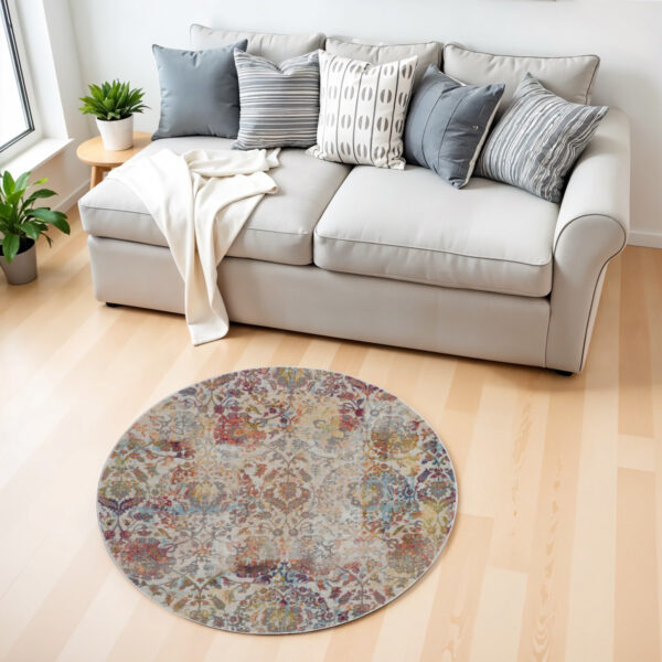 4' Orange and Ivory Floral Distressed Non Skid Round Rug