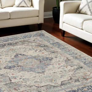 8' X 10' Ivory Blue And Orange Floral Medallion Distressed Non Skid Area Rug