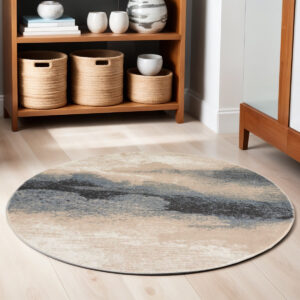 5' Gray Black and Beige Abstract Non Skid Round Rug