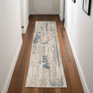 8' Teal and Ivory Abstract Non Skid Runner Rug