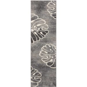 8' Ivory Black and Gray Floral Non Skid Runner Rug