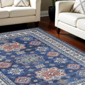 8' X 10' Ivory and Blue Floral Medallion Distressed Non Skid Area Rug