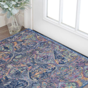 2' X 4' Blue and Yellow Trellis Distressed Non Skid Area Rug