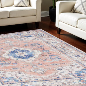8' X 10' Coral and Beige Floral Medallion Distressed Non Skid Area Rug