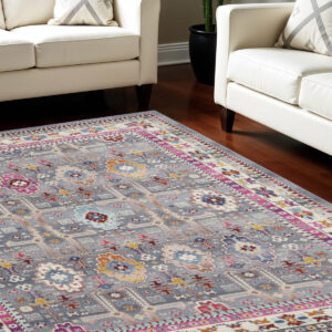 8' X 10' Ivory Pink And Gray Floral Distressed Non Skid Area Rug