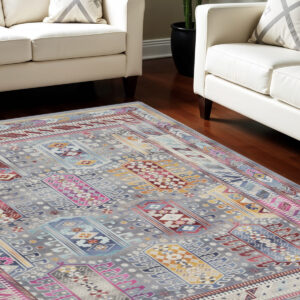8' X 10' Ivory Gray And Red Floral Distressed Non Skid Area Rug