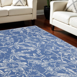 7' X 10' Ivory and Blue Floral Distressed Non Skid Area Rug