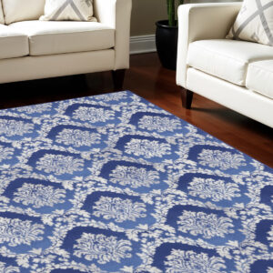 7' X 10' Ivory and Blue Damask Distressed Non Skid Area Rug