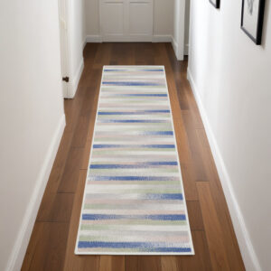 8' Ivory Tan and Blue Abstract Distressed Non Skid Runner Rug