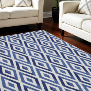 7' X 10' Ivory and Blue Geometric Distressed Non Skid Area Rug