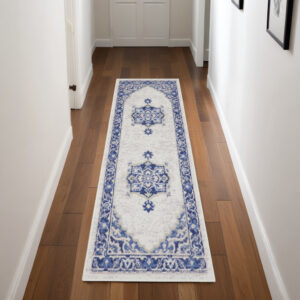 8' Ivory and Blue Floral Medallion Distressed Non Skid Runner Rug