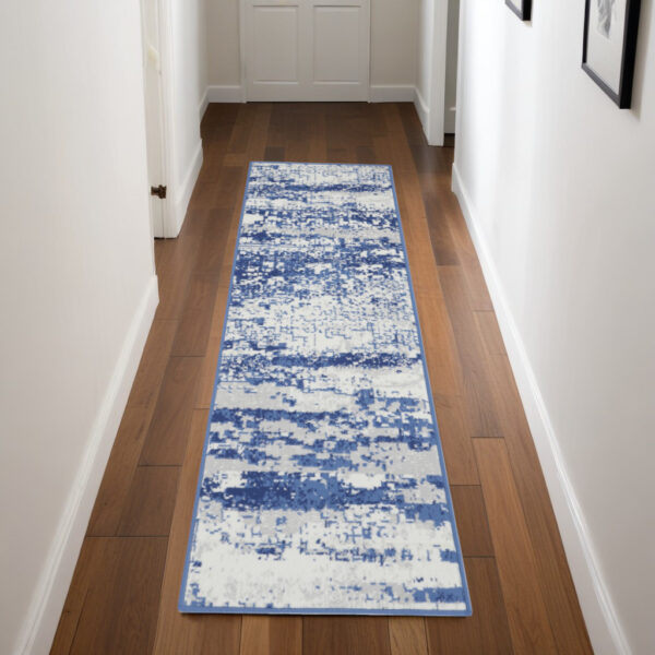8' Ivory and Navy Blue Abstract Distressed Non Skid Runner Rug