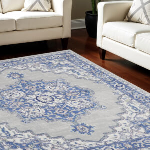 7' X 10' Ivory Blue and Gray Floral Medallion Distressed Non Skid Area Rug