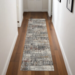 8' Cream Black and Gray Abstract Runner Rug