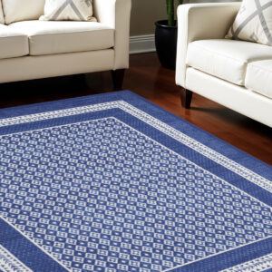 7' X 10' Ivory and Navy Blue Geometric Distressed Non Skid Area Rug