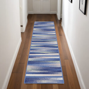 8' Ivory Tan and Blue Abstract Distressed Non Skid Runner Rug