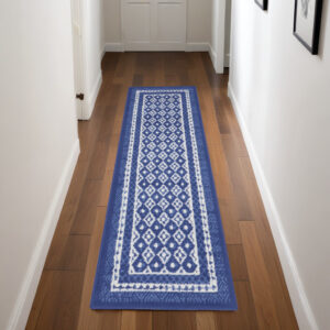 8' Ivory and Navy Blue Geometric Distressed Non Skid Runner Rug