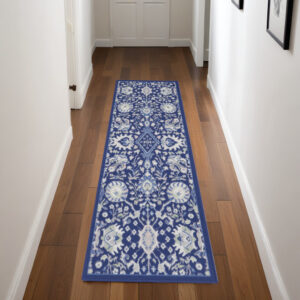 8' Navy Blue Ivory and Beige Floral Distressed Non Skid Runner Rug