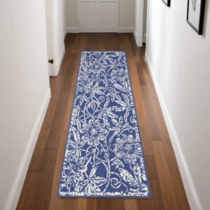 8' Ivory and Navy Blue Floral Distressed Non Skid Runner Rug