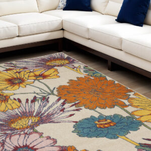 8' X 10' Ivory Blue and Orange Floral Power Loom Area Rug