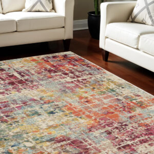 7' X 10' Ivory Red and Pink Abstract Distressed Non Skid Area Rug