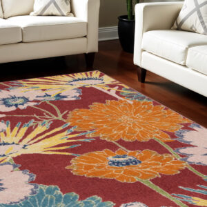 8' X 10' Orange and Red Tropical Floral Power Loom Area Rug