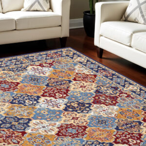 9' X 12' Blue Red and Orange Floral Distressed Non Skid Area Rug