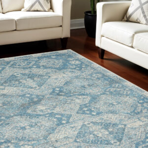 6' X 9' Ivory and Light Blue Medallion Distressed Area Rug