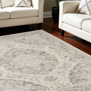 6' X 9' Ivory And Gray Floral Medallion Distressed Area Rug