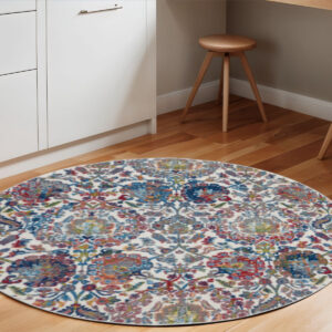 6' Ivory Blue and Gray Floral Distressed Non Skid Round Rug