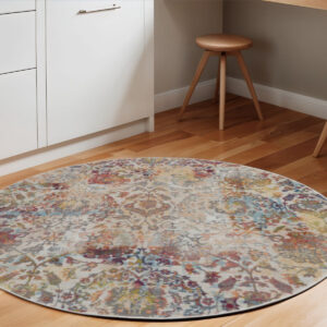 6' Ivory Gray and Orange Floral Distressed Non Skid Round Rug