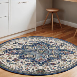 6' Navy Blue and Ivory Floral Medallion Distressed Non Skid Round Rug
