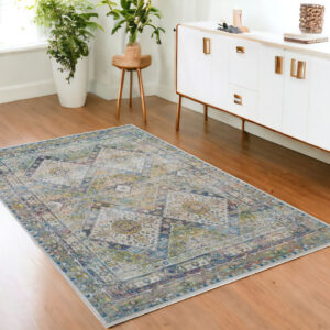 4' X 6' Ivory Blue and Green Floral Distressed Non Skid Area Rug
